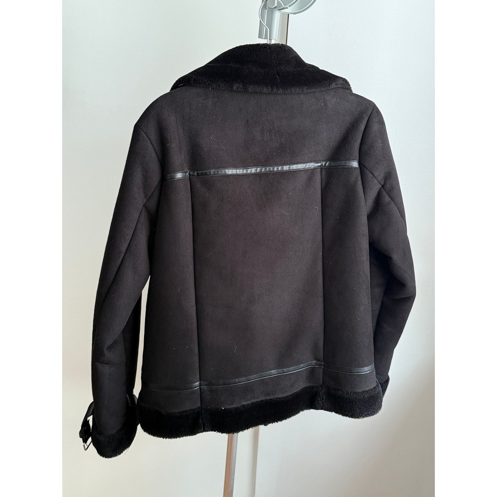 Black Faux Suede Fur Lined Moto Biker Jacket / Small - Picture 2 of 5